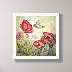 Waterverf Hummingbird Flowers Print Canvas 10x10