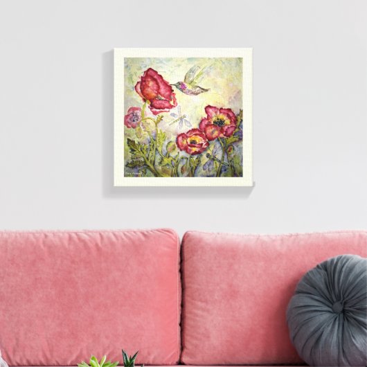 Waterverf Hummingbird Flowers Print Canvas 10x10 (Insitu (Woonkamer))