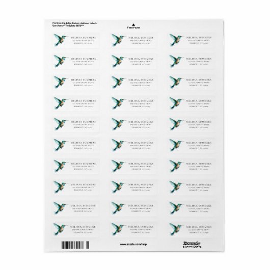 Waterverf Hummingbird Return Address Label (Full Sheet)