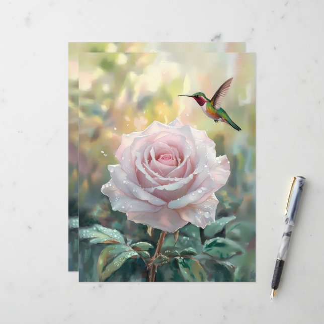 Waterverf Hummingbird Roze Rose Scrapbook Papier (Voorkant / Achterkant in situ)
