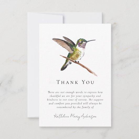 Waterverf Hummingbird Sympathy Funeral Bedankkaart (Voorkant)