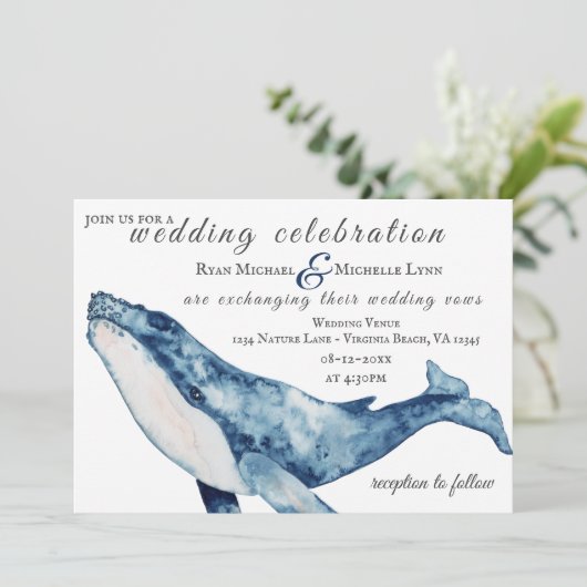 Waterverf Humpback Whale Nautical Beach Wedding Kaart (Staand voorkant)