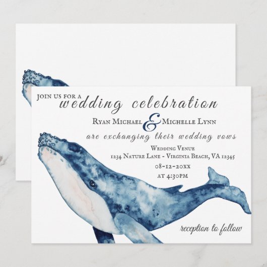 Waterverf Humpback Whale Nautical Beach Wedding Kaart (Voorkant / Achterkant)