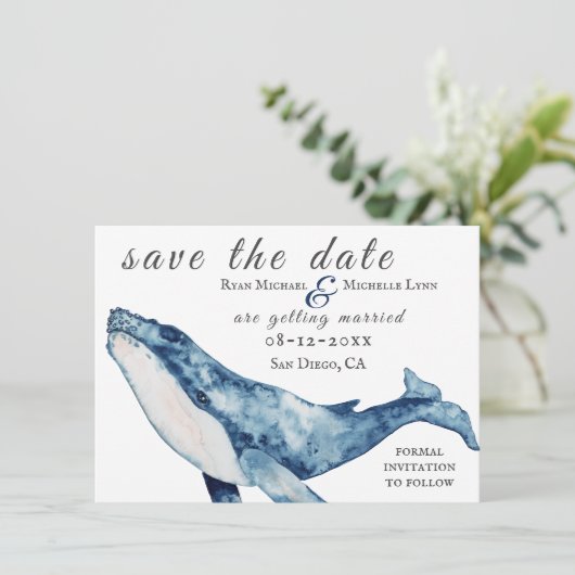 Waterverf Humpback Whale Nautical Beach Wedding Save The Date (Staand voorkant)