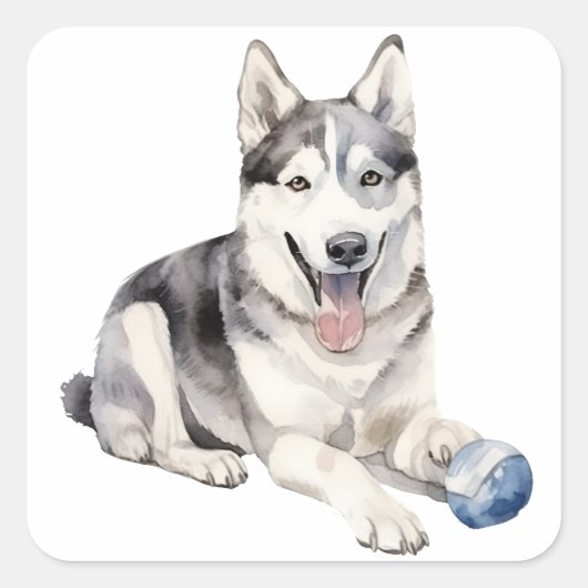 Waterverf Husky Dog Vierkante Sticker (Voorkant)