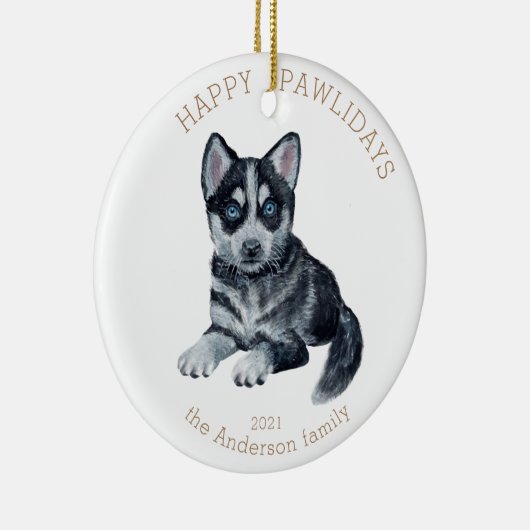 waterverf husky puppy happy pawlidays foto keramisch ornament (Rechts)