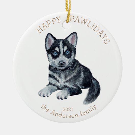 waterverf husky puppy happy pawlidays foto keramisch ornament (Voorkant)