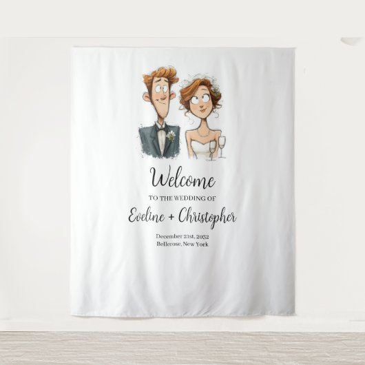 Waterverf Huwelijk Achtergrond Funny Bride and Gro Wandkleed (Voorkant)