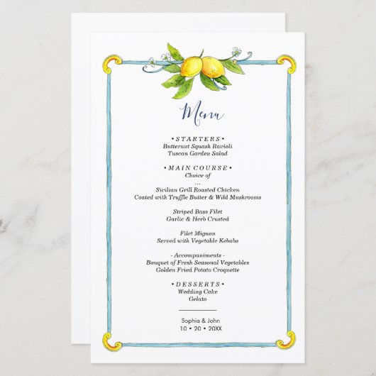 Waterverf  huwelijksmenu Lemon citrus (Voorkant / Achterkant)