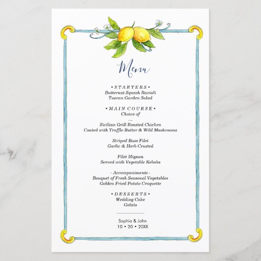 Waterverf huwelijksmenu Lemon citrus (Voorkant)
