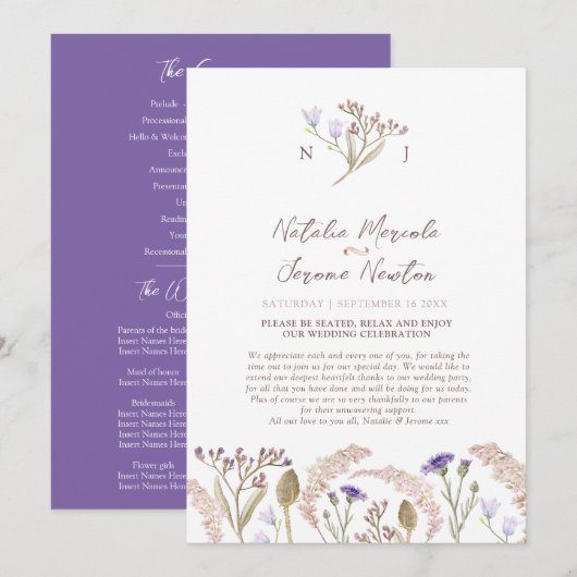 Waterverf huwelijksprogramma met wilde bloemen en  programmakaart (Voorkant / Achterkant)