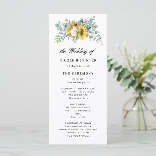 waterverf - huwelijksprogramma zonnebloem - eucaly programmakaart (Staand voorkant)