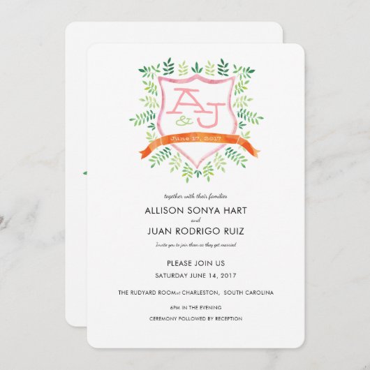 Waterverf huwelijksuitnodiging met Crest Monogram Kaart (Voorkant / Achterkant)