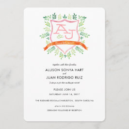 Waterverf huwelijksuitnodiging met Crest Monogram Kaart