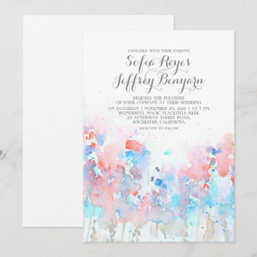 Waterverf huwelijksuitnodigingen - Blauw roze bloe Kaart (Voorkant / Achterkant)