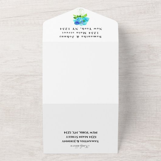 Waterverf Hydrangea Blue Floral Wedding All In One Uitnodiging (Buitenkant)