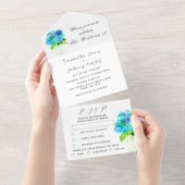 Waterverf Hydrangea Blue Floral Wedding All In One Uitnodiging (Afscheurbaar)