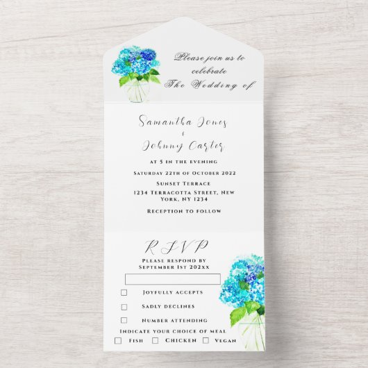 Waterverf Hydrangea Blue Floral Wedding All In One Uitnodiging (Binnen)