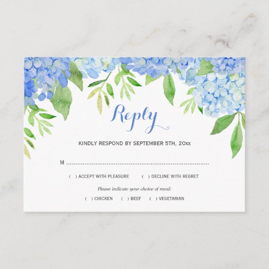 Waterverf Hydrangea Blue Floral Wedding Meal RSVP Informatiekaartje (Voorkant)