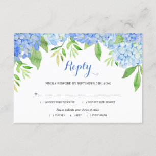Waterverf Hydrangea Blue Floral Wedding Meal RSVP Informatiekaartje
