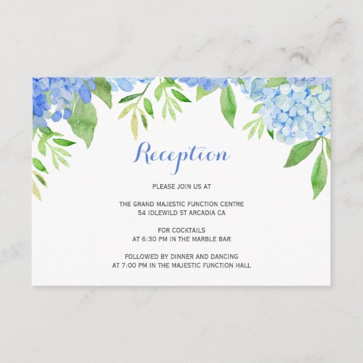 Waterverf Hydrangea Blue Floral Wedding Reception Informatiekaartje (Voorkant)