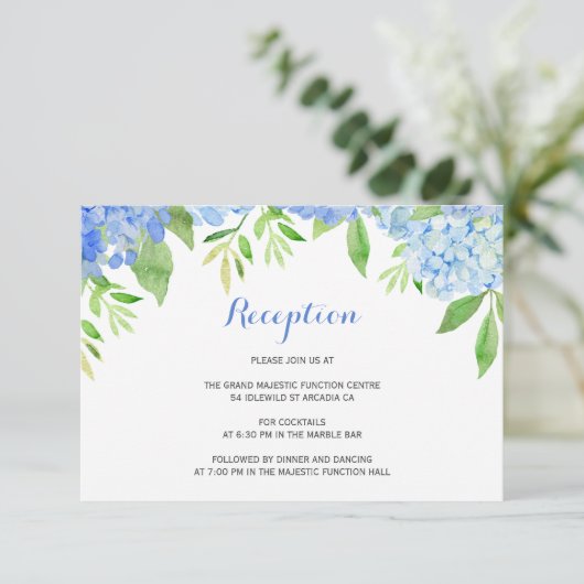 Waterverf Hydrangea Blue Floral Wedding Reception Informatiekaartje (Staand voorkant)