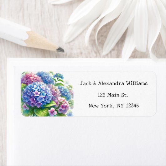 Waterverf Hydrangea Blue Flowers retouradres Etiket (Insitu)