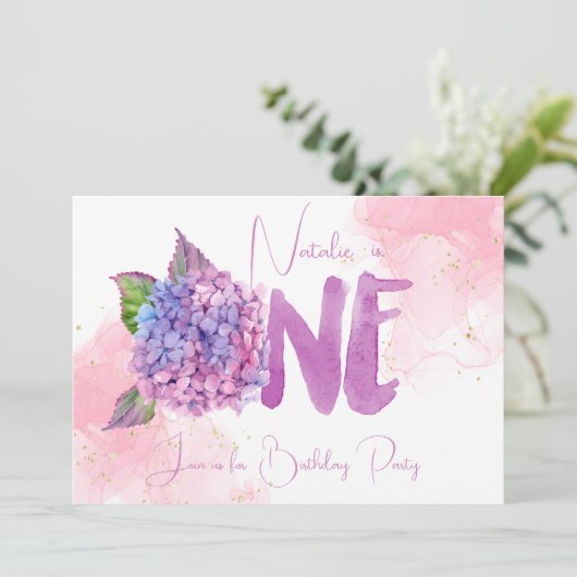 Waterverf hydrangea eerste uitnodiging (Staand voorkant)