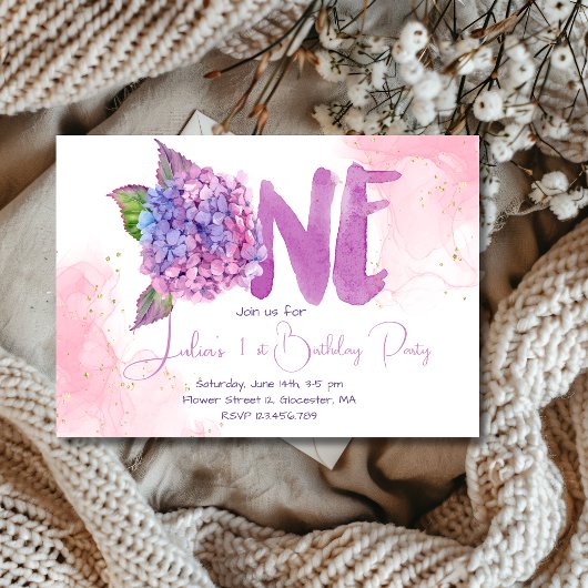 Waterverf hydrangea eerste verjaardag kaart