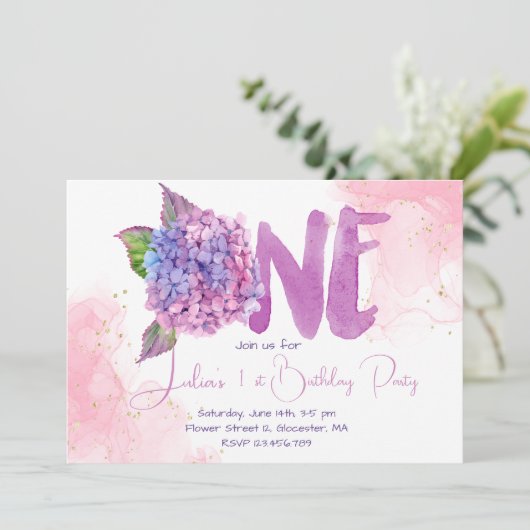 Waterverf hydrangea eerste verjaardag kaart (Staand voorkant)