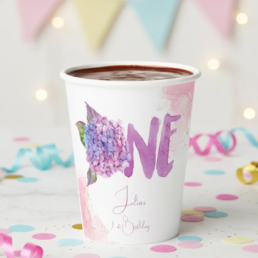 Waterverf hydrangea eerste verjaardag papieren bekers