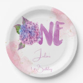 Waterverf hydrangea eerste verjaardag papieren bordje (Voorkant)