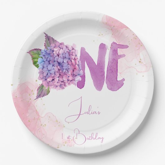 Waterverf hydrangea eerste verjaardag papieren bordje (Voorkant)
