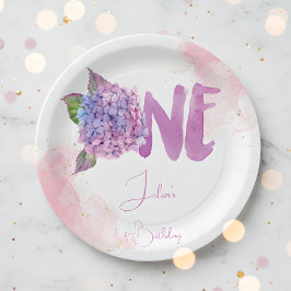 Waterverf hydrangea eerste verjaardag papieren bordje