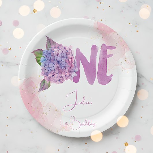 Waterverf hydrangea eerste verjaardag papieren bordje