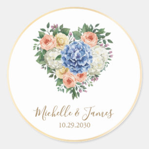 waterverf Hydrangea Roos Bloem Bruiloft Goud Ronde Sticker