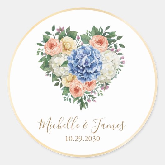 waterverf Hydrangea Roos Bloem Bruiloft Goud Ronde Sticker (Voorkant)