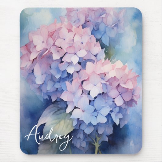 Waterverf Hydrangea Roze Paarse Naam Sjabloon Muismat (Voorkant)