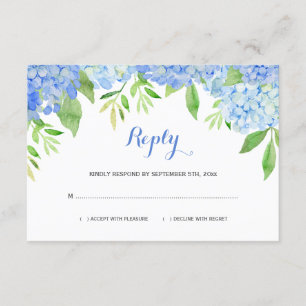 Waterverf Hydrangeas Blue Floral Wedding RSVP Informatiekaartje