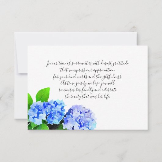 Waterverf Hydrangeas Floral Bereavement Hartelijk Bedankkaart (Achterkant)