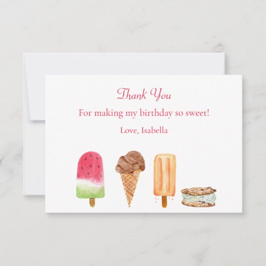 Waterverf Ice Cream & Popsicles Verjaardagsfeest Bedankkaart (Voorkant)