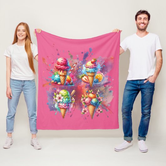 Waterverf Ice Cream Print – Kleurrijk zomerse dess Fleece Deken (In situ)