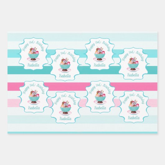 Waterverf Ice Cream Sundae Verjaardag Inpakpapier Vel (Voorkant)