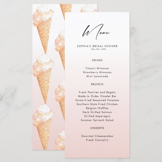 Waterverf Ice Cream Vrijgezellenfeest Menu (Voorkant / Achterkant)