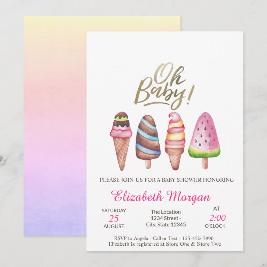 Waterverf Ice creams Oh Baby Summer Baby shower Kaart (Voorkant / Achterkant)