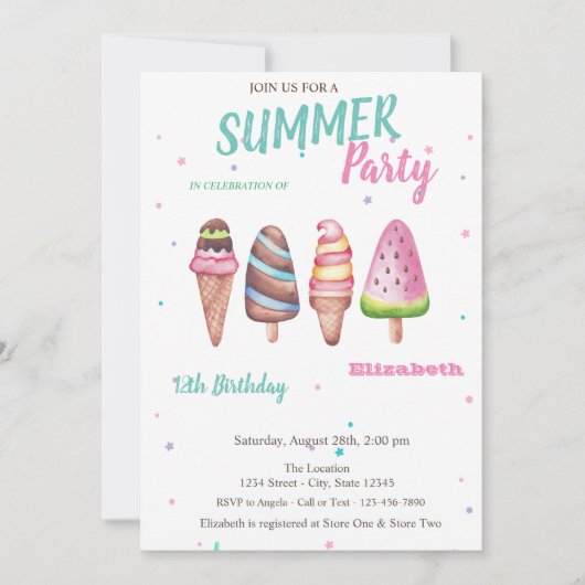 Waterverf Ice creams Summer Birthday Party Kaart (Voorkant)