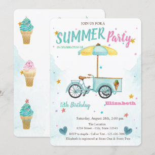 Waterverf Ice crème Bike Stars Birthday Kaart