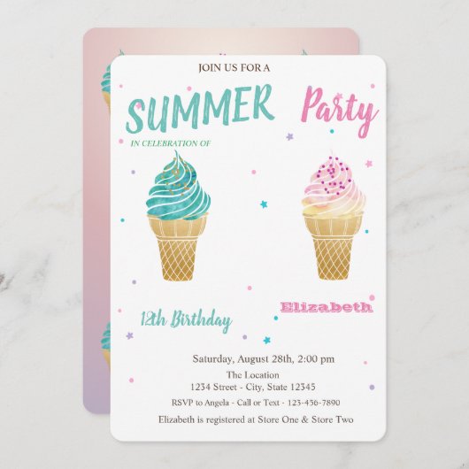 Waterverf Ice crème Stars Birthday Kaart (Voorkant / Achterkant)