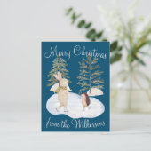 Waterverf Ice Skating Forest Animals op blauw Briefkaart (Staand voorkant)