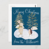 Waterverf Ice Skating Forest Animals op blauw Briefkaart (Voorkant / Achterkant)